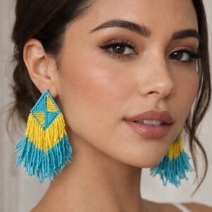 Kay Lee Blue Yellow Beaded Earrings New
